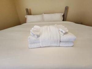 een stapel handdoeken bovenop een bed bij Sister River Retreat in Vernon