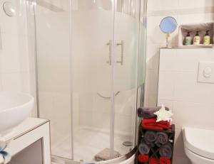 a shower with a glass door in a bathroom at Freibeuter Appartement Nr 27 Scharbeutz in Scharbeutz +8 photos