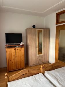 a room with two beds and a television on a wooden cabinet at Aba és Andrea Apartmanok in Sárvár