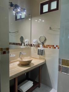 une salle de bain avec un lavabo et un grand miroir dans l'établissement Alux, à Bacalar