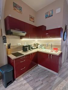 a kitchen with red cabinets and a sink at A l'abri des vagues in Cayeux-sur-Mer