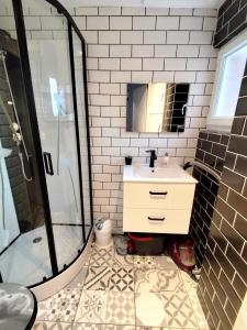 a bathroom with a sink and a shower at A l'abri des vagues in Cayeux-sur-Mer +3 photos