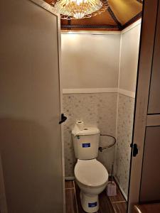 a small bathroom with a toilet and a chandelier at Tasnim Désert Camp & Activités in Merzouga