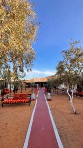 a red pathway with benches and trees in a park at Tasnim Désert Camp & Activités in Merzouga +16 photos