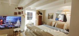 een slaapkamer met een bed en een tv in een kamer bij PARIS AUTHENTIC HOUSE Métro Line 14 Station Hôpital Bicêtre, RER B Gentilly in Parijs