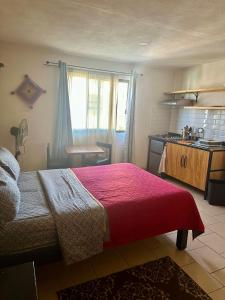 a bedroom with a red bed and a kitchen at Casa San Andrés in Cholula +20 photos
