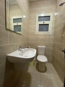 a bathroom with a sink and a toilet and a mirror at Modern apartment with garden in Sheikh Zayed