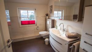 a bathroom with a sink and a toilet and a window at Fewo am Iberg 20, inkl Parkplatz in Willingen +12 photos