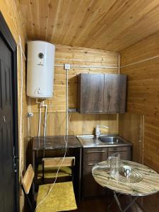 a small kitchen with a table and a sink at Cottages Lori Berd in Lori Berd