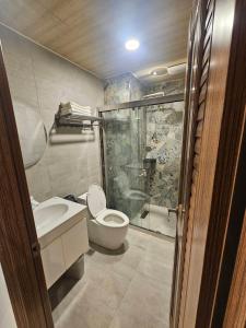 a bathroom with a shower and a toilet and a sink at meetstar in Hsia-pu-hsia