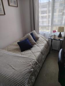 a bed with blue pillows in a room with a window at angysol in Antofagasta