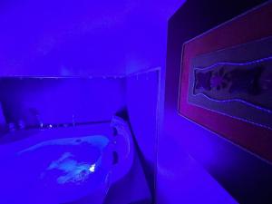 ein dunkler Raum mit einer Badewanne und einem violetten Licht in der Unterkunft Adua Luxury Apartment in Città Nuova