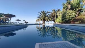 a swimming pool with palm trees and a blue sky at Cortijo de la luna la casita in Taramay