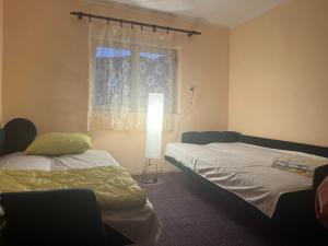 a bedroom with two beds and a window at Dedina kuća pod Mučnjem in Ivanjica