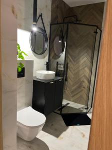 a bathroom with a toilet and a shower at Apartamenty Dwie Rzeki in Łódź