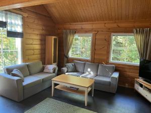 ein Wohnzimmer mit einer Couch und einem Couchtisch in der Unterkunft Holiday Home Karhu in Istunmäki
