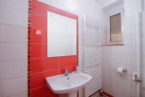 ein Badezimmer mit Waschbecken und Spiegel in der Unterkunft Cozy central apartament in Craiova + 43 Fotos