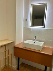une salle de bains avec un lavabo blanc et un miroir dans l'établissement Gîte Orchidée, à Ergersheim