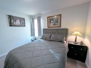 a bedroom with a large bed and a lamp on a night stand at Modern Comfort in Des Moines