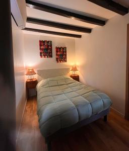 1 dormitorio con 1 cama en una habitación con 2 lámparas en Studio indépendant T1, entre Nantes et Rennes, en Conquereuil