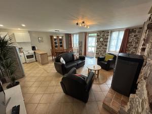 ein Wohnzimmer mit Sofas und Stühlen sowie eine Küche in der Unterkunft Gîte du Tilleul - un petit coin de nature in Vallet