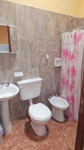 a bathroom with a sink and a toilet and a shower curtain at Hosteria LA VIEJA CARRETA in Purmamarca