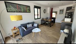 een woonkamer met een blauwe bank en een tafel bij Gîte de la Côte Rouge in Saint-Nauphary