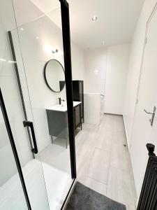 ein Badezimmer mit Dusche, Waschbecken und Spiegel in der Unterkunft Grand Studio WiFi rapide RER B in Sevran