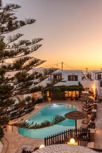 Blick auf einen Swimmingpool mit einem Baum in der Unterkunft Anemomilos Beach hotel in Agia Anna