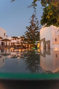 ein Spiegelbild eines Baumes in einem Pool in der Nacht in der Unterkunft Anemomilos Beach hotel in Agia Anna