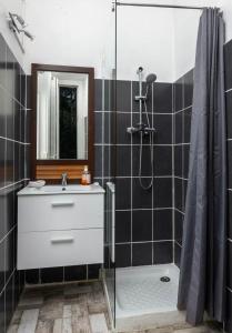 a bathroom with a sink and a shower at Sable Aix in Aix-les-Bains +2 photos