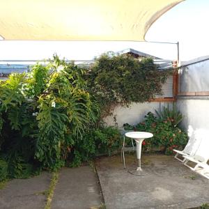 a patio with a white table and some plants at Alojamiento Monitor Huáscar in Talcahuano