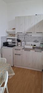 cocina con armarios blancos y suelo de madera en Apartman Ćirić, en Ivanjica