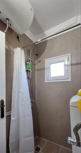 Un baño con ducha con cortina de ducha. en Apartman Ćirić, en Ivanjica