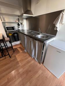 a small kitchen with a sink and a refrigerator at Maison T2 in Bonny-sur-Loire