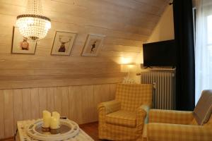 ein Wohnzimmer mit einem Stuhl und einem Kronleuchter in der Unterkunft Ferienwohnung Seeblick Nr 4 2 Zimmer, Bärental, Feldberg - a73042 in Rotwasser