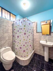 a bathroom with a toilet and a sink and a shower curtain at Namaste Bnb in Yanahuara