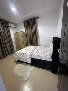 un dormitorio con una cama y una alfombra en House 40 Residence - Gold Mini Flat, en Ibadán