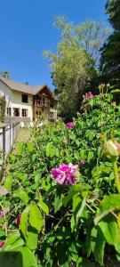 ein Garten mit rosa Blumen vor einem Haus in der Unterkunft Posada La Lucía in Villa General Belgrano