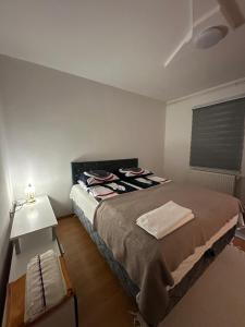 una camera da letto con un letto in una stanza con una finestra di Apartman Humska a Sarajevo Altre 3 foto