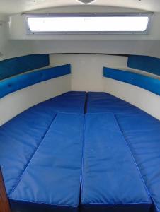 ein blaues Bett in einem Zimmer mit Fenster in der Unterkunft A Mini Cruise in Limerick Escape to nature 2 nites for 150 euros in Adare