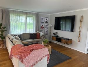 a living room with a couch and a flat screen tv at Tui Lodge in Coromandel Town