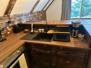 a kitchen with a counter top with a sink at Aris place in Hvolsvöllur
