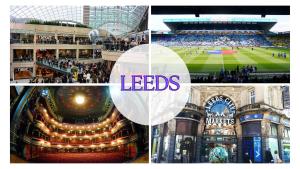un collage de photos d'un stade avec les mots leds dans l'établissement Luxury 2BR Penthouse-1, Private Terrace, City Center, Free Parking, à Leeds