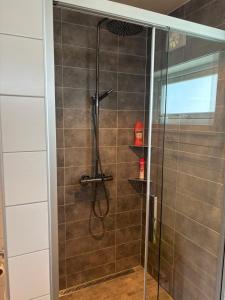 a bathroom with a shower with a glass door at Rimlige rom-kortidsleie  +18 photos