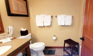 a bathroom with a toilet and a sink and towels at Dav's Slopeside King Studio -- Resort & Spa at Everline in Olympic Valley