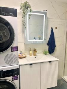 a bathroom with a sink and a washing machine at Luxuswohnung in Bodensee, im Radweg mit Parkplatz in Romanshorn +25 photos
