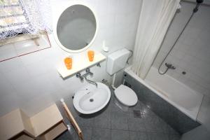 ein Badezimmer mit Toilette, Waschbecken und Spiegel in der Unterkunft Apartman Mravinac in Tisno + 22 Fotos