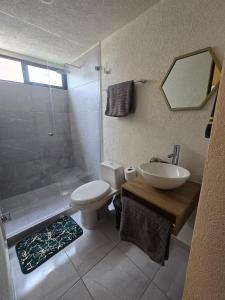 Un baño con inodoro, lavabo y ducha. en Departamento con alberca, en Guadalajara