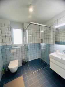 Un baño con inodoro, ducha y lavabo. en Modern Living, Luxe Studio Zurich, en Zúrich 82 fotos más